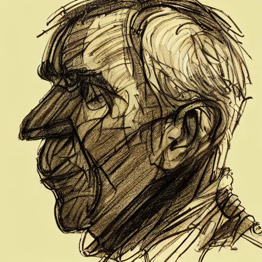 Prompt: a realistic yet scraggly portrait sketch of the side profile of a stern and sophisticated the heavy, trending on artstation, intricate details, in the style of frank auerbach, in the style of sergio aragones, in the style of martin ansin, in the style of david aja, in the style of mattias adolfsson