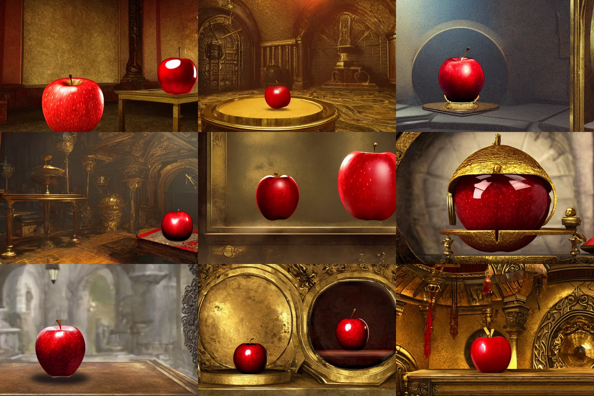 Prompt: a red apple on a gold table in a glass dome. Inside of a treasure room guarded by two knights, dark fantasy, dark souls, elden ring, skyrim, unreal engine, photo realistic