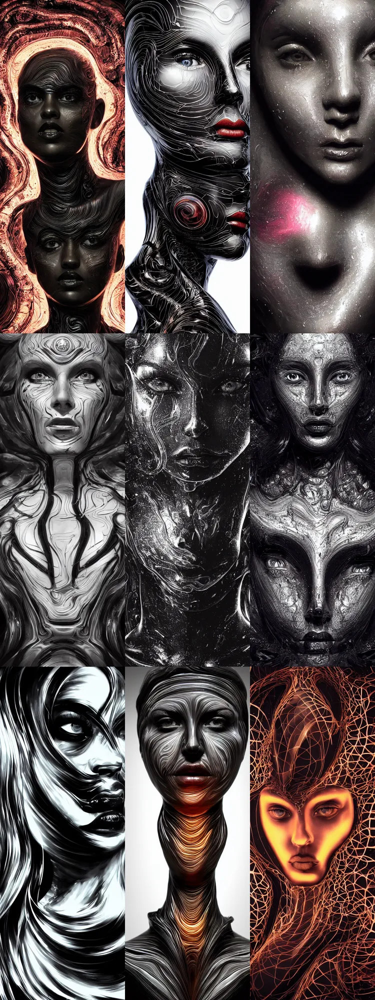 Prompt: epic illustration, digital abstract sculpt of beautiful female face and black swirling latex acrylic portrait, black latex sculpt, close up portrait, mechanical superstructure, sacred geometry, glowing edges, magic hour, beautiful light, sculpture of carving marble, dark colors, dark mood, one point light, clockwork, epic matte painting, concept art, bokeh, digital painting, artstation