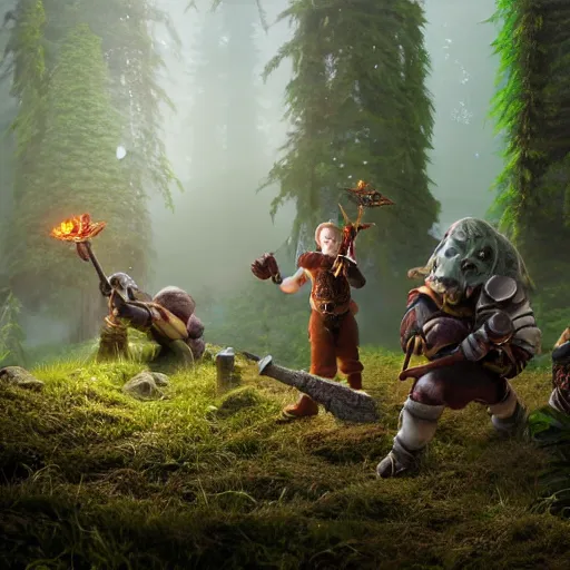 Prompt: a fantasy halfling alchemist buffing his halfling allies in a redwood forest, in the style of warhammer, unreal engine, octane render, realistic, matte painting, masterpiece, studio ghibli, beautiful, magical,