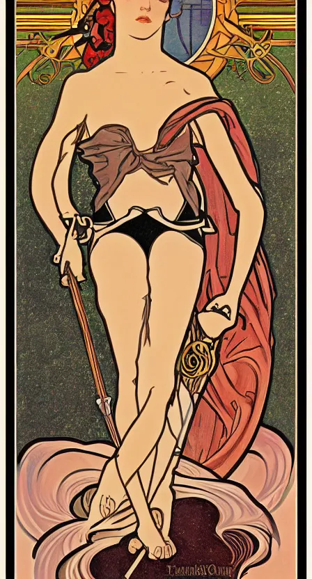 Prompt: the fool rider tarot card illustrated in an art deco style by tamara de lempika and an elegant border by alphonse mucha. | studio lighting | digital painting, stunning lighting, trending on artstation