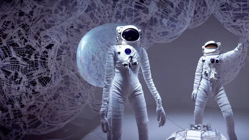 Image similar to a astronaut eva suit covered in diamond 3d fractal lace iridescent bubble 3d skin and covered with insectoid compound eye camera lenses floats through the living room, film still from the movie directed by Denis Villeneuve with art direction by Salvador Dalí, wide lens,