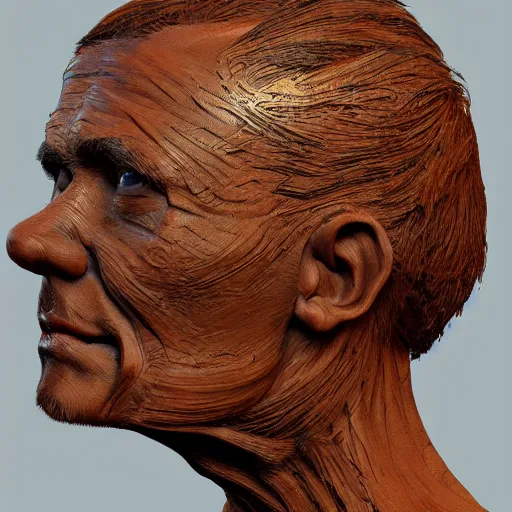 Prompt: wooden sculpture of man head, intricate and vibrant color details, zbrush, hyper realistic, golden ratio, macro lens, unreal engine,, vibrant color