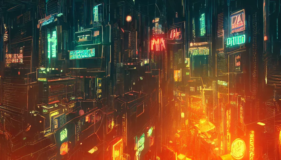 Image similar to cyberpunk city, neon sign, bladerunner, with a weathered ancient greek sculpture standing in the middle, digital illustration, artstation, bottom view