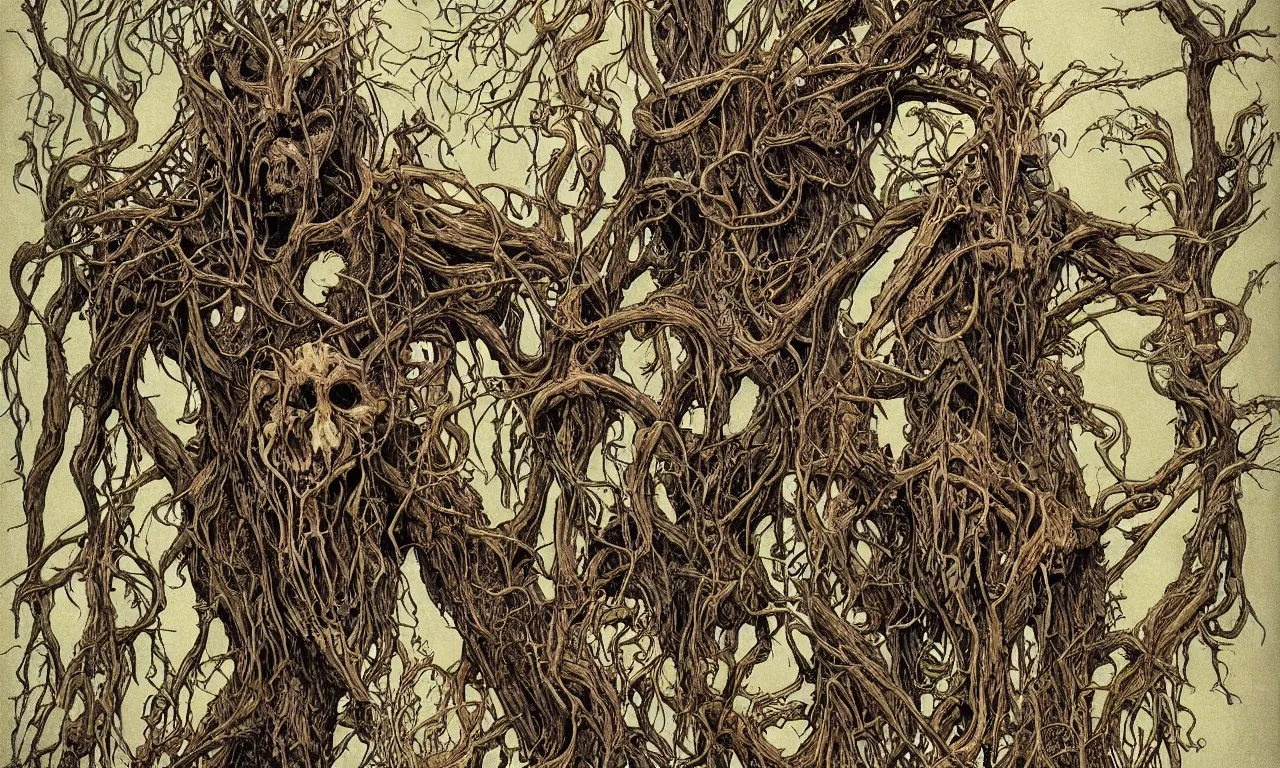 Image similar to hyperdetailed art nouveau portrait of treebeard and old groot as a cthulhu eyeball moose skull wendigo swamp thing cryptids, by michael kaluta, simon bisley and bill sienkiewicz, photorealism, claws, skeleton, antlers, fangs, forest, wild, bizarre, scary, lynn varley, lovern kindzierski, steve oliff