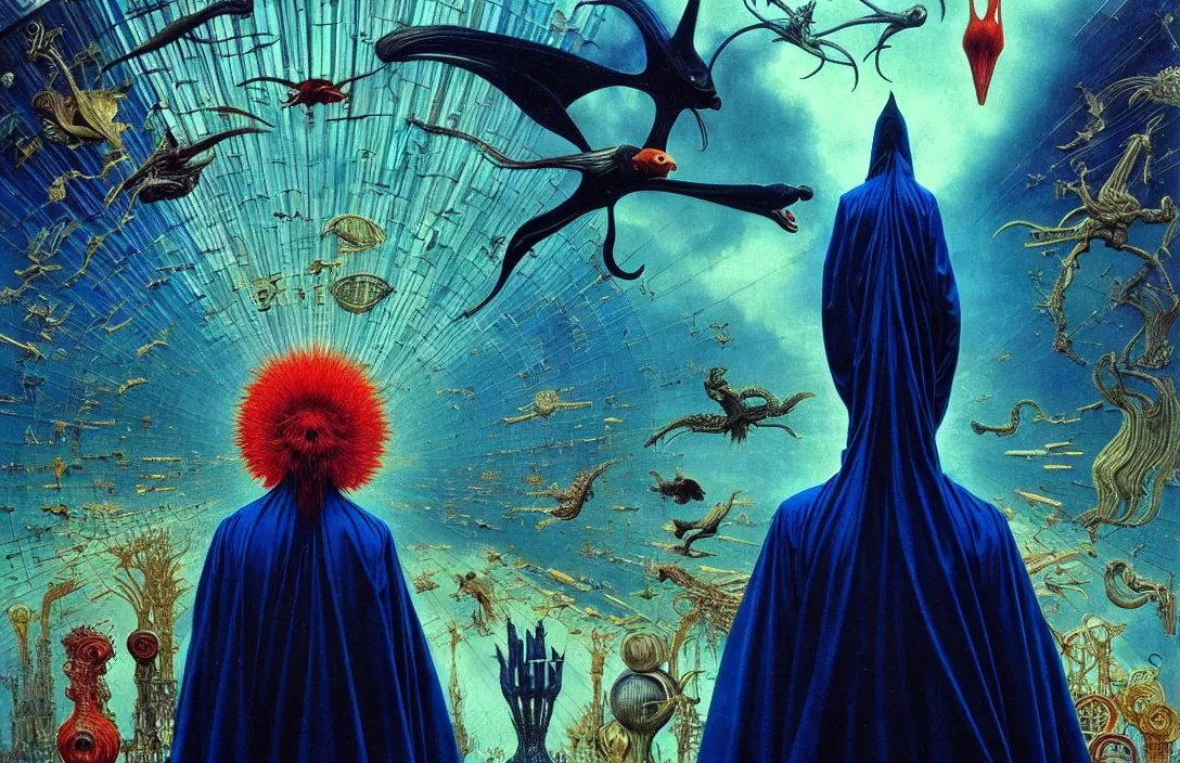 Image similar to realistic detailed portrait movie shot of a birdman wearing black reflective robes, sci fi city landscape background by denis villeneuve, amano, yves tanguy, alphonse mucha, ernst haeckel, max ernst, roger dean, masterpiece, rich moody colours, blue eyes, snarling dog teeth