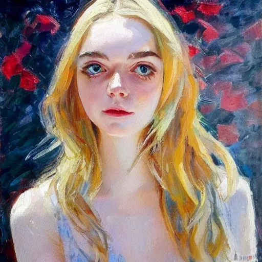 Image similar to professional painting of Elle Fanning in the style of Michael Garmash, head and shoulders portrait, symmetrical facial features, smooth, sharp focus, illustration, intricate, stormy weather, extremely detailed masterpiece,