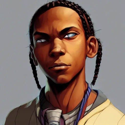 Image similar to Portrait of Riley freeman the boy with cornrows from the boondocks , Graceful body structure,cute,Symmetrical face,highly detailed,elegant,Marc Simonetti and Caspar David Friedrich, Trending on artstation