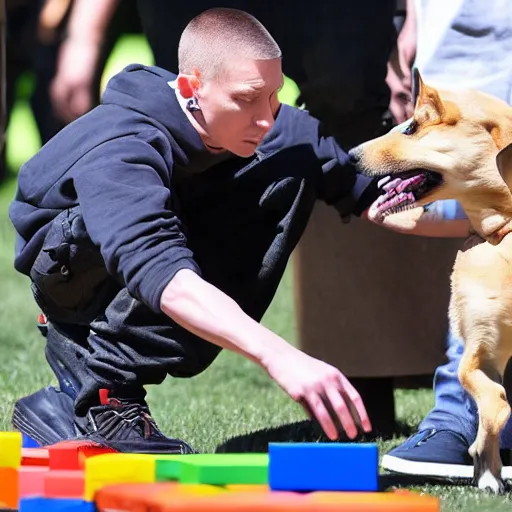 Prompt: Eminem with a dog plays with wooden blocks at Central Park