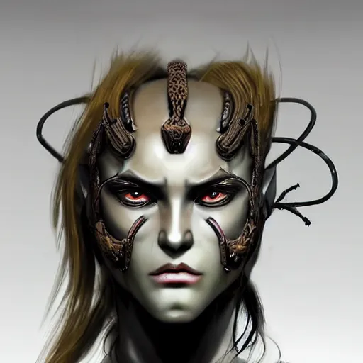 Prompt: a mech version of asian medusa bust, with a septum nose ring, sultry cruel eyes, very symmetrical, highly detailed, by vitaly bulgarov, by joss nizzi, by ben procter, by steve jung, concept art, quintessa, metal gear solid, transformers cinematic universe, concept art world, pinterest, artstation, unreal engine