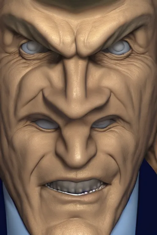 Image similar to 3 d model of a business man with an evil smile by brian bolland, rachel birkett, alex ross, and neal adams | portrait, character concept, concept art, unreal engine, finalrender, centered, deviantart, artgerm