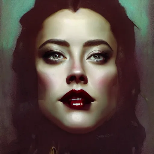 Image similar to hyperrealistic portrait of amber heard as a vampire witch in a black coat holding a human skull as a crystal ball. by jeremy mann and alphonse mucha, fantasy art, photo realistic, dynamic lighting, artstation, poster, volumetric lighting, very detailed faces, 4 k, award winning
