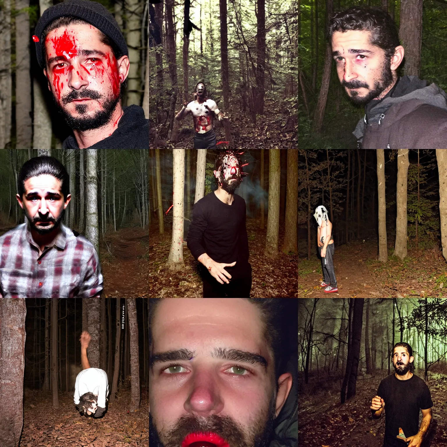 Prompt: Shia LaBoeuf in dark woods, blood dripping from mouth, flash photography phone