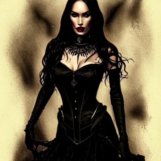 Image similar to megan fox witch queen, black eyes, blood, full body, intricate victorian dress, cinematic lighting, symmetrical eyes, rafael albuquerque, charlie bowater, moody lighting, candles