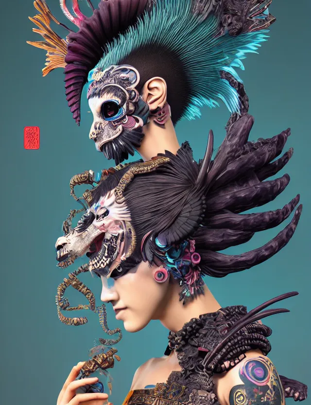 Image similar to 3 d goddess close - up profile portrait punk with mohawk with ram skull. beautiful intricately detailed japanese crow kitsune mask and clasical japanese kimono. betta fish, jellyfish phoenix, bio luminescent, plasma, ice, water, wind, creature, artwork by tooth wu and wlop and beeple and greg rutkowski