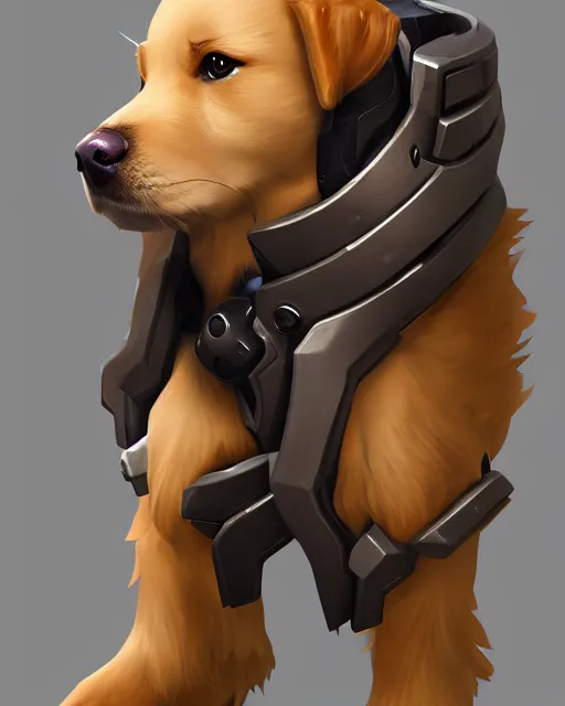 Prompt: overwatch concept art character portrait of a new character who is a golden retriever puppy with a humanoid muscular body, trending on artstation, cgsociety,