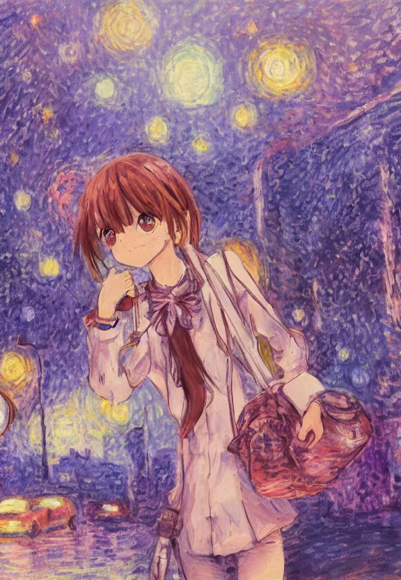 Image similar to wide angle portrait of a teenage girl, a thrifty outfit, very anime in impressionist style, city street view background, starlit night sky, anime trending artwork, anime painter studio, by claude monet