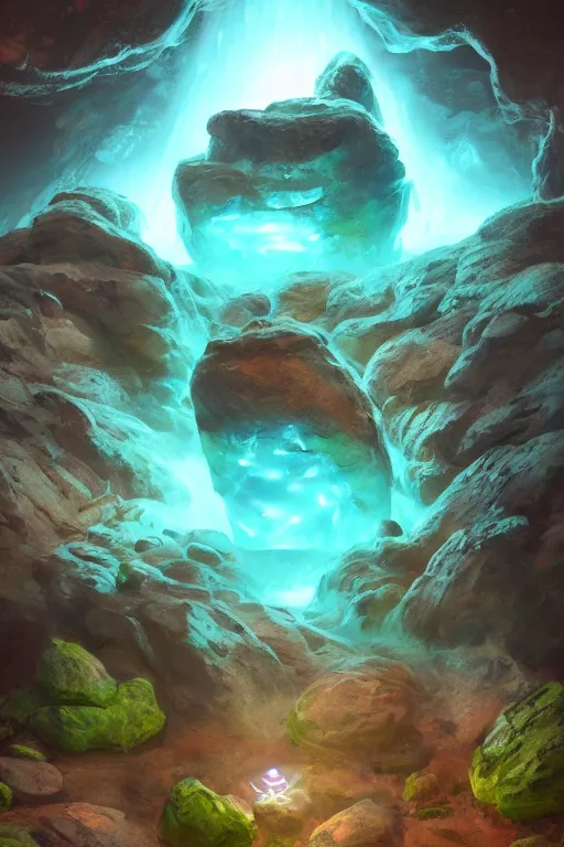 Prompt: bioluminescent etheral water elementals nesting in a rock pool, fairy stone cave, low angle, artstation, 8 k