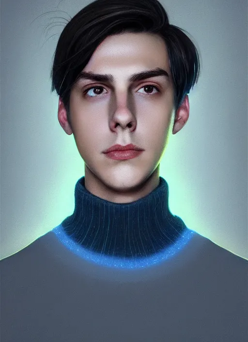 Image similar to portrait of teenage jughead jones wearing a light grey crown, crown, blue turtleneck, closed eyes, photorealistic, black hair, glowing lighting, intricate, elegant, glowing lights, highly detailed, digital painting, artstation, concept art, smooth, sharp focus, illustration, art by wlop, mars ravelo and greg rutkowski