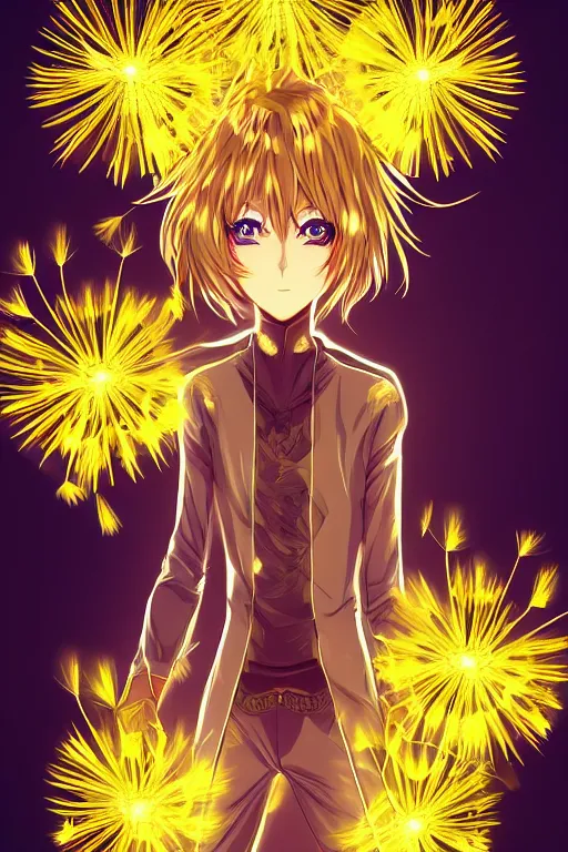 Image similar to golden glowing luminescent dandelion male anime character, symmetrical, highly detailed, digital art, sharp focus, trending on art station, amber eyes, fire colours