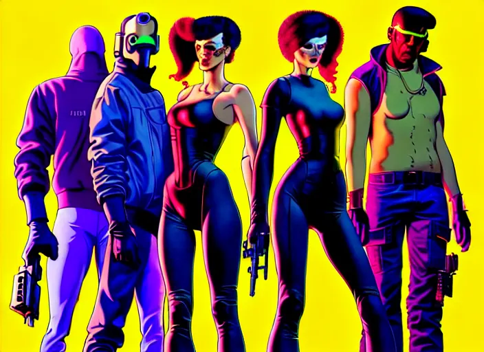 Image similar to cyberpunk heist crew. portrait by stonehouse and mœbius and will eisner and gil elvgren and pixar. character design. realistic proportions. cyberpunk 2 0 7 7 character art, blade runner 2 0 4 9 concept art. cel shading. attractive face. thick lines. the team. diverse characters. artstationhq.