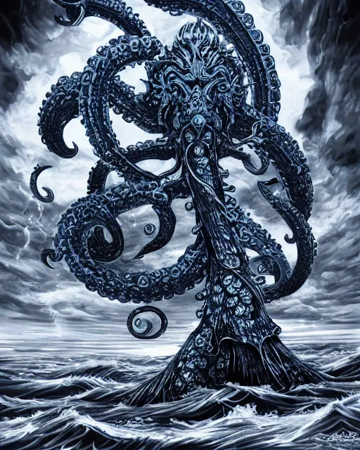 Image similar to A huge blue kraken in a vast sea, terrifying, black and white, fantasy art, monster art, in the style of masami kurumada, illustration, epic, fantasy, intricate, hyper detailed, artstation, concept art, smooth, sharp focus, ray tracing