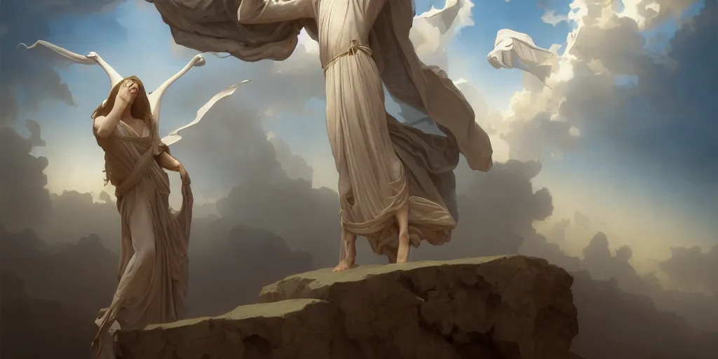 Image similar to second coming of jesus christ, peter mohrbacher, michael whelan, William-Adolphe Bouguereau, Michael Cheval, kay sage, digital art, airbrush, art nouveau, intricate, clear, looming, epic, depth, artstation, highly detailed, blender, Unreal Engine, octane render, vray, 8k