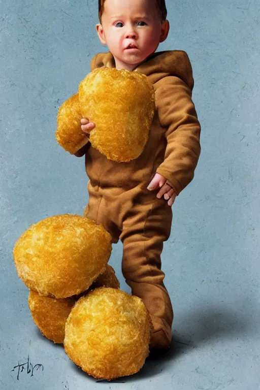 Image similar to channing tatum wearing a tater tot costume, oil on canvas, intricate, 8 k highly professionally detailed, hdr, cgsociety