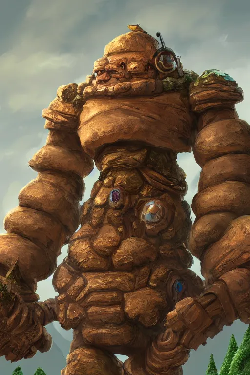 Image similar to zelda fantasy art giant golem troll wood rock greeble gemstone, global illumination ray tracing hdr fanart arstation by sung choi and eric pfeiffer and gabriel garza and casper konefal