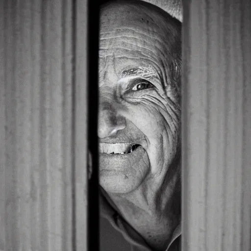 Prompt: a smiling old man peeking around a wall at night