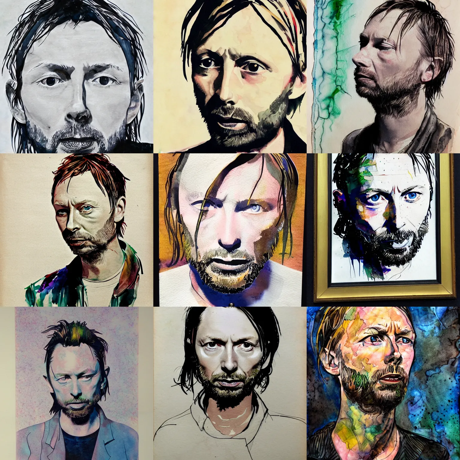 Prompt: thom yorke, alcohol inks on parchment, high detail, 1 9 5 0 s concept art
