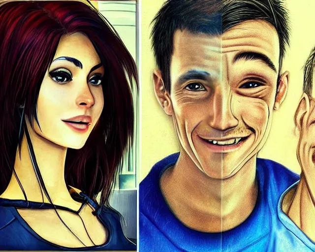 Image similar to cartoon human and realistic human side by side, photograph, realism, cartoonish