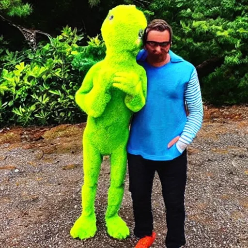 Image similar to “ green alien with yellow shirt and blue pants standing next to a blue furry monster and making silly faces ”