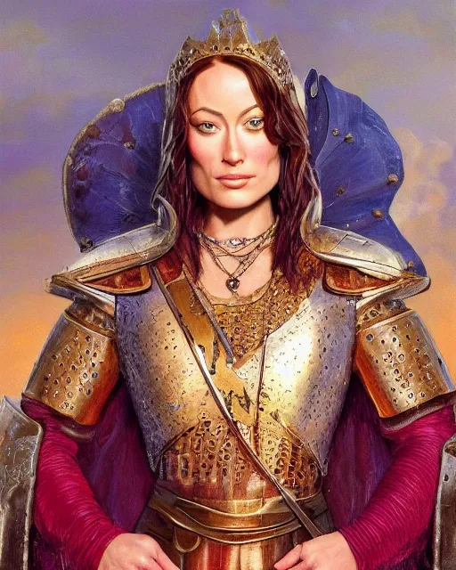 Prompt: realistic detailed of painting of Olivia Wilde as a medieval queen wearing a renaissance colorful dress, leather armor, sword in hand, backlit, made by N.C. Wyeth and Karol Bak, Artstation, 2d digital art sfw,