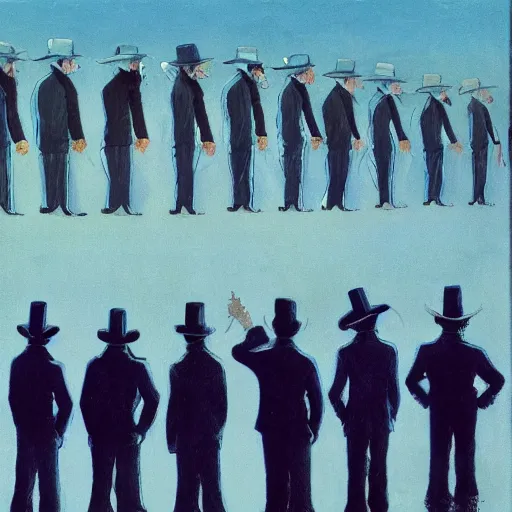 Image similar to A row of men in hats are standing, looking into the distance. the man in the centre is facing the front, looking downwards at his stomach by Frank Kelly Freas