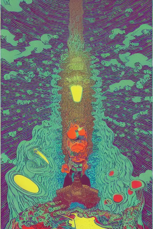 Prompt: a tab of LSD acid on his tongue and surreal psychedelic hallucinations, screenprint by kawase hasui, moebius and dan hillier, colorful flat surreal design, hd, 8k, artstation