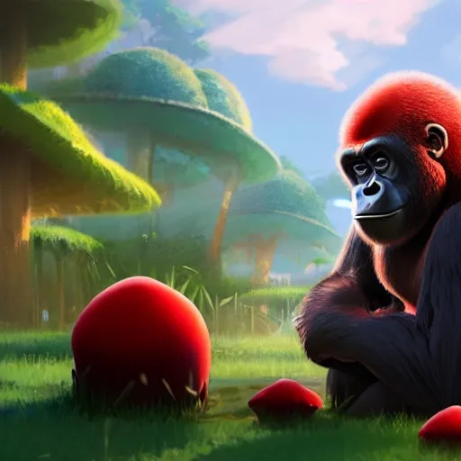 Prompt: animation key shot of a gorilla holding a very small red mushroom, chilled out smirk on face, studio ghibli, pixar and disney animation, sharp, rendered in unreal engine 5, anime key art by greg rutkowski, bloom, dramatic lighting made by banksy