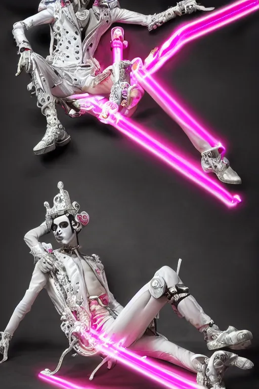 Image similar to full-body rococo and cyberpunk style neon statue of a young attractive Colby O'Donis macho dotado e rico android sim roupa reclining con las piernas abertas e la piroca dura, glowing white laser eyes, prince crown of pink gears, diamonds, swirling silver-colored silk fabric. futuristic elements. full-length view. space robots. human skulls. intricate artwork by caravaggio. Trending on artstation, octane render, cinematic lighting from the right, hyper realism, octane render, 8k, depth of field, 3D