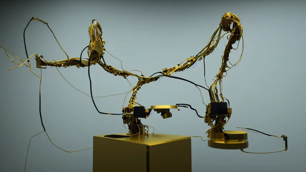 Image similar to a complex bifurcated robotic cnc surgical arm hybrid 3 d printer machine making organic ceramic kintsugi mandlebulb forms in the laboratory room, very thin gold wire, film still from the movie directed by denis villeneuve with art direction by salvador dali, wide lens, f 3 2, cinematic lighting, studio quality, smooth render, unreal engine 5 rendered, octane rendered