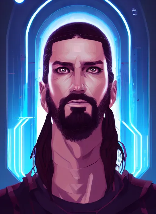 Image similar to « a portrait of a cyberpunk jesus, a character portrait by paul kelpe, reddit contest winner, sots art, ilya kuvshinov, 2 d game art, parallax »