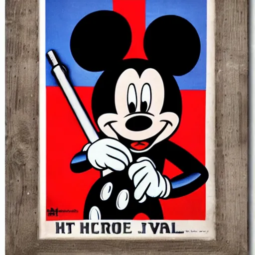 Image similar to mickey mouse art work. ww 2 propaganda poster. dark, hyper realistic by hr giger