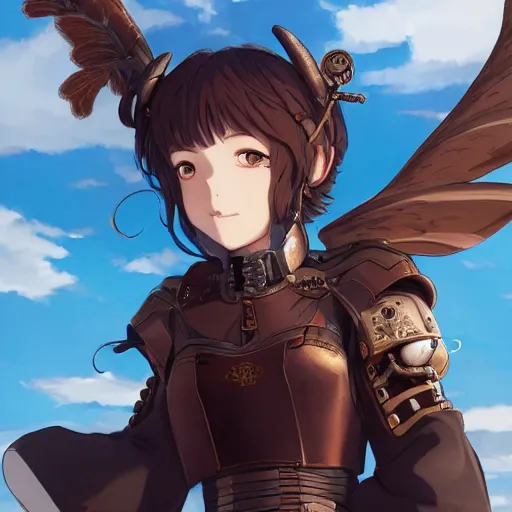 Prompt: girl with metal wings and a copper sword, wearing a brown uniform, steampunk, extremely detailed, made by wlop, studio ghibli, artgerm, full body portrait, illustration, grass, sunny, sky, anime, side view, perfect anime face, detailed face,