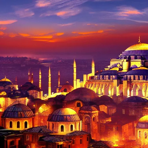 Prompt: constantinople in ottoman era, sunset, 4 k, hyperrealistic,