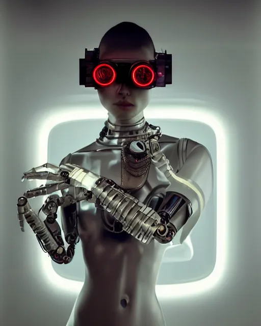 Image similar to centered portrait photo by vermeer of female dancer as a cyberpunk mecha humanoid robotic parts wearing goggles with bright lights, holding a pudica pose, inside white room, ultra - realistic and detailed, 8 k