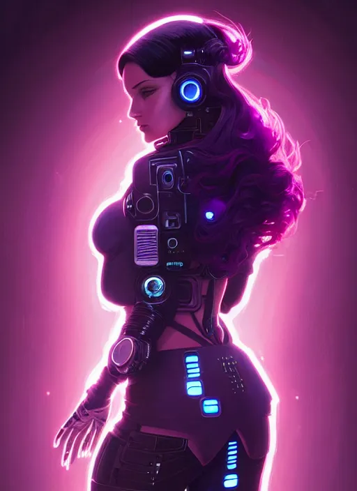 Image similar to symmetry portrait of a very beautiful caucasian young cyberpunk woman with dark purple hair, sci - fi, tech wear, glowing lights intricate, elegant, highly detailed, digital painting, artstation, concept art, smooth, sharp focus, illustration, art by artgerm and greg rutkowski and alphonse mucha