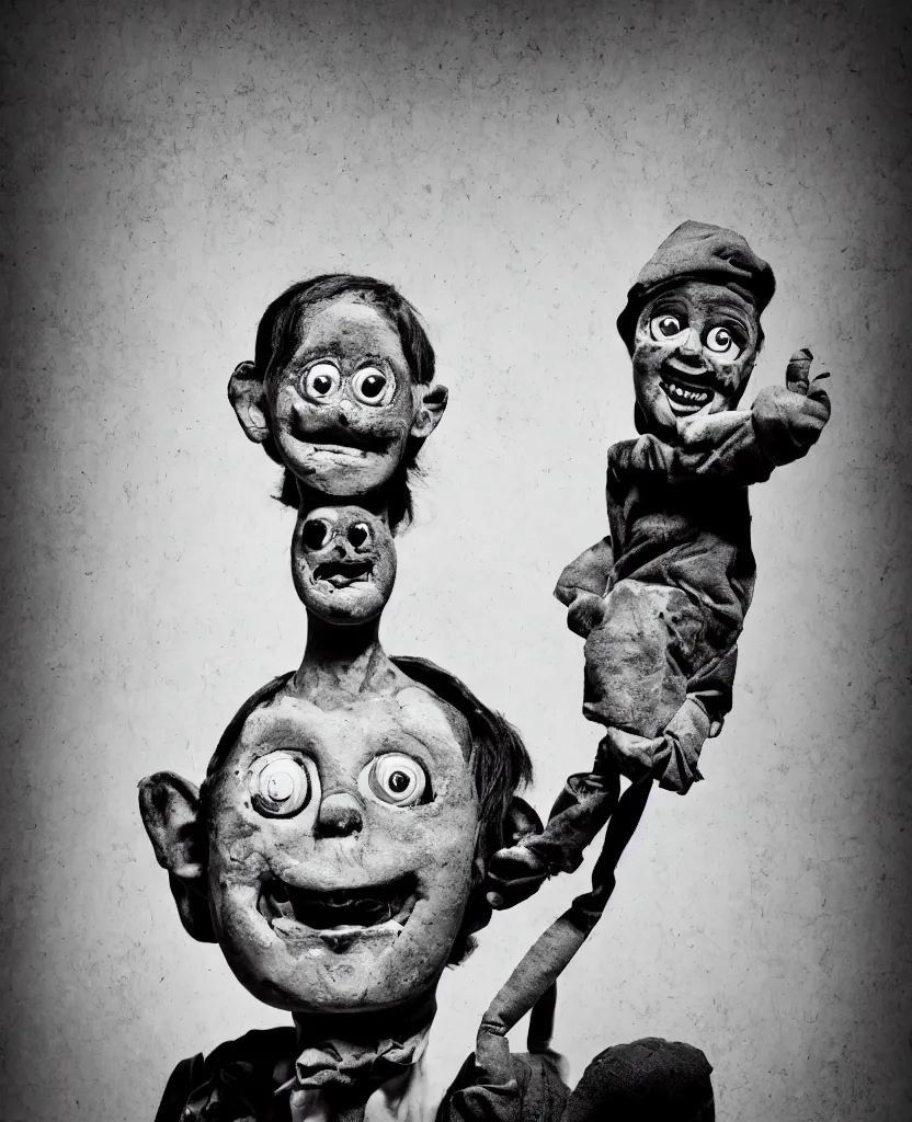 Image similar to movie poster with a creepy ventriloquist dummy in the style of roger ballen, 4 k, bw, portrait