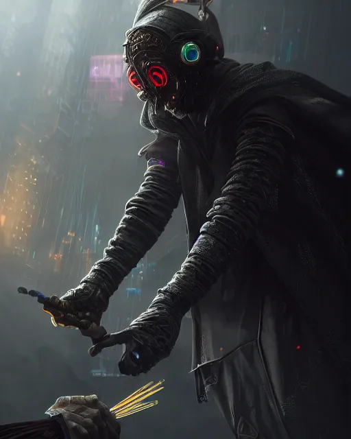 Prompt: a portrait of dark mage casting dark - ball and shoot it, cyberpunk concept art, trending on artstation, highly detailed, intricate, sharp focus, digital art, 8 k