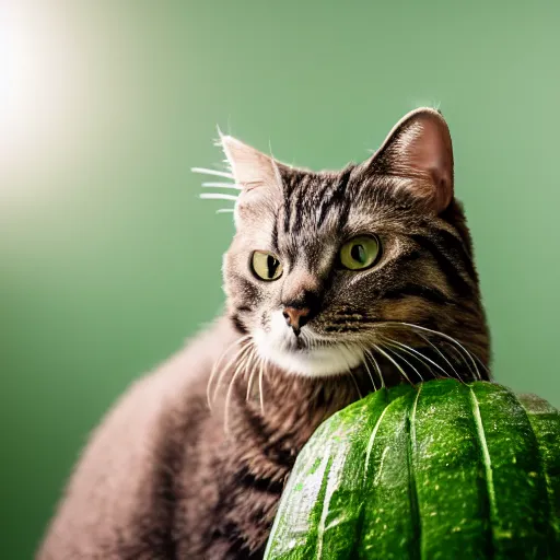 Prompt: photo of giant 2 storey tall cucumber next to a cat, taken with canon eos - 1 d x mark iii, bokeh, sunlight, studio 4 k