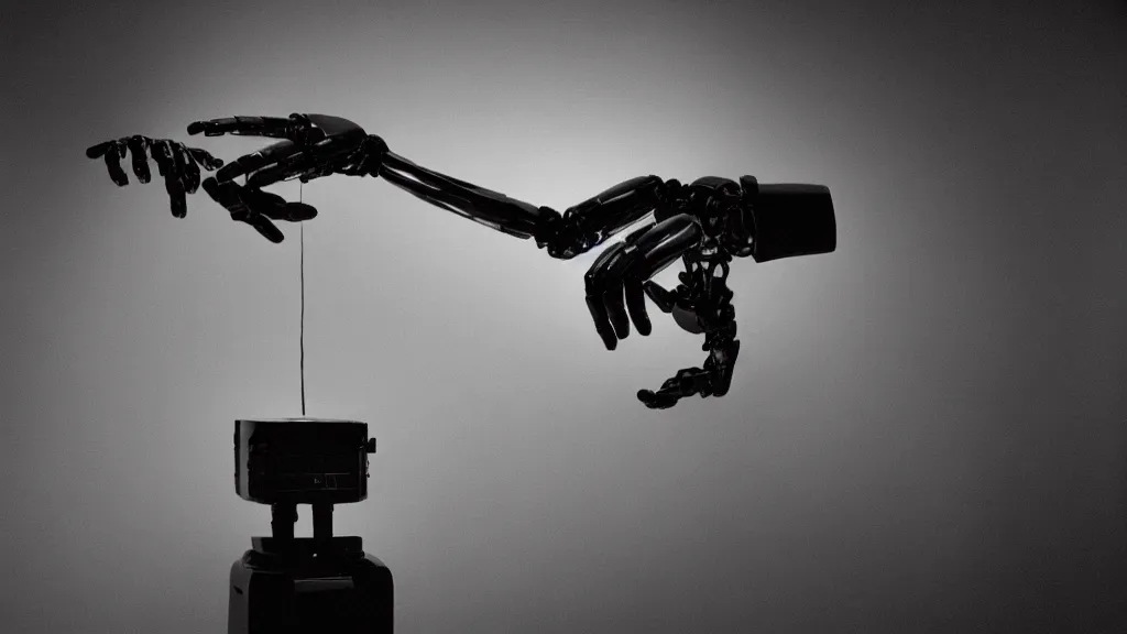 Image similar to movie scene of a robot extending hand, movie still, cinematic composition, cinematic light, by david lynch