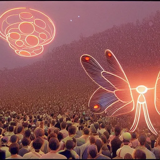 Prompt: a giant glowing butterfly above the crowd, created by moebius